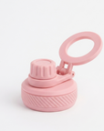 A light pink silicone water bottle cap with a flip-up loop lid, shown on a clean white background.