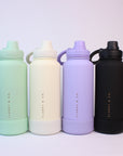 Four colorful water bottles with 'Clarry & Co.' branding on a light gray background