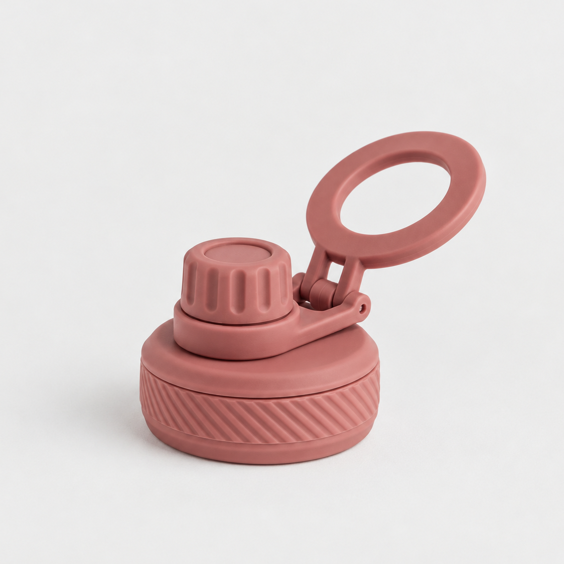 A dusty rose silicone water bottle lid with a flip-up carrying loop, shown on a clean white background.