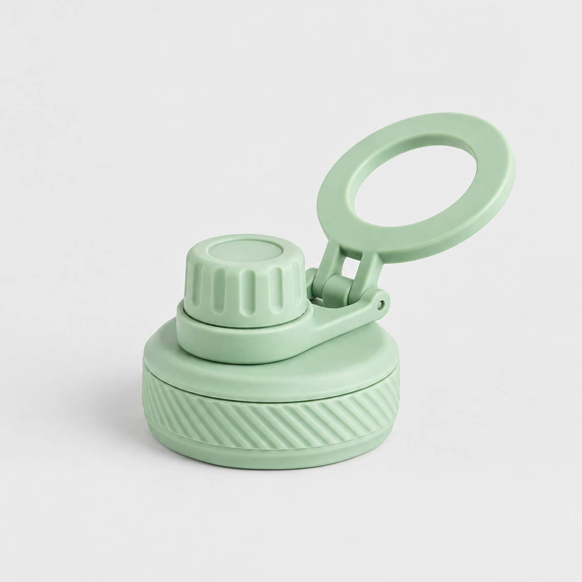 A light mint green reusable water bottle lid with a flip-up carrying loop, shown on a clean light gray background.