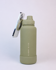 An olive green bottle lid with a handle holding a smartphone, set against a clean white studio background..