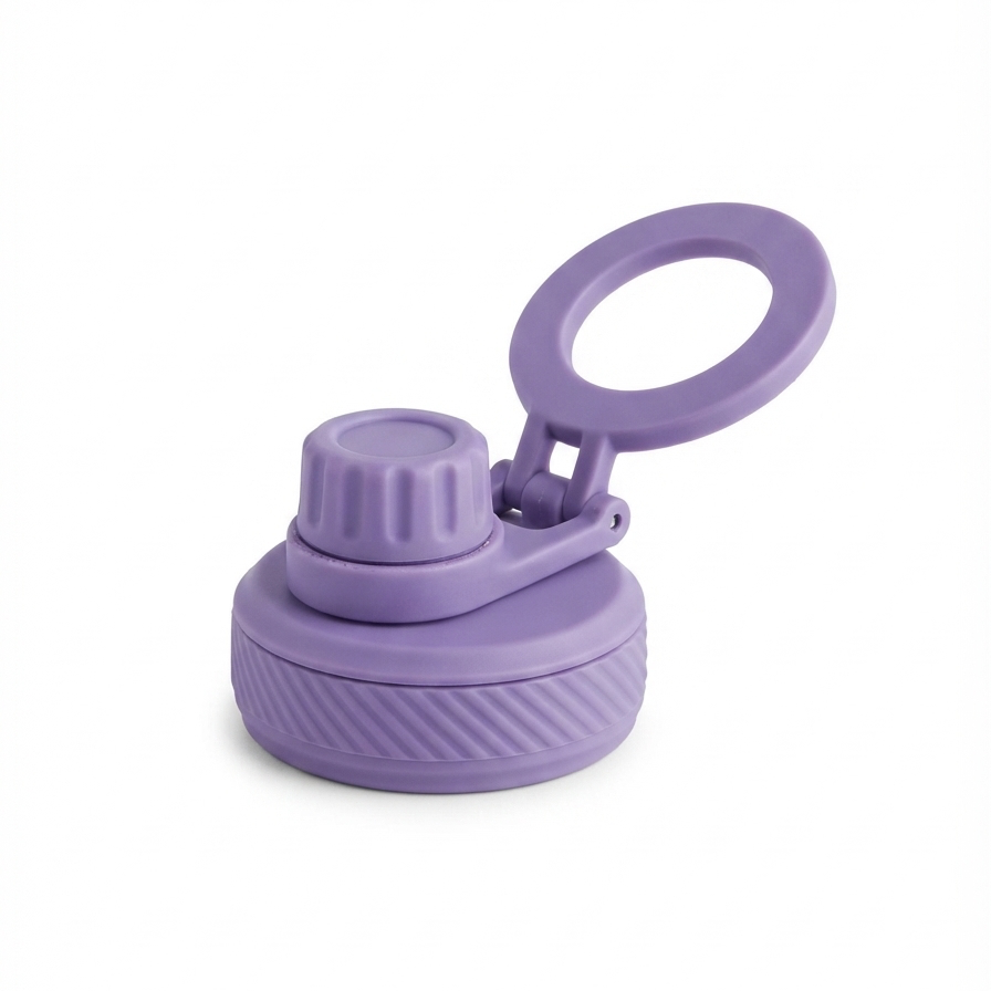 A purple water bottle lid with a flip-up straw loop, shown on a clean white background.