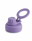 A purple water bottle lid with a flip-up straw loop, shown on a clean white background.