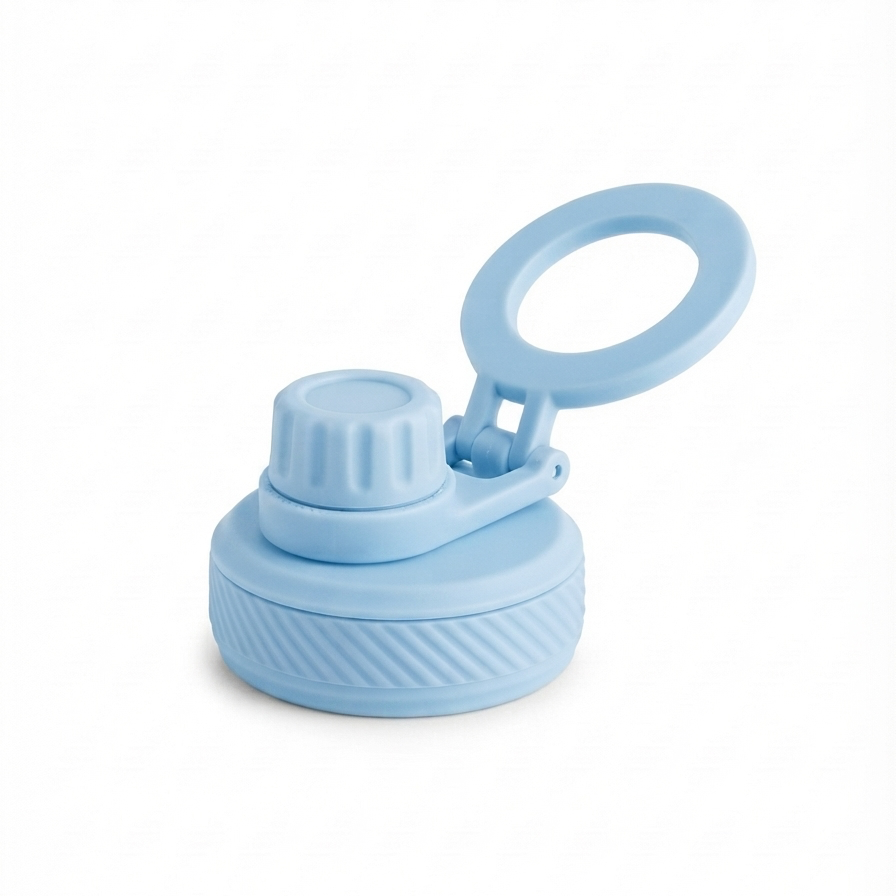 A light blue water bottle lid with a flip-up carrying loop, shown on a clean white background.