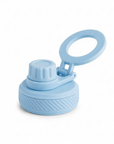 A light blue water bottle lid with a flip-up carrying loop, shown on a clean white background.