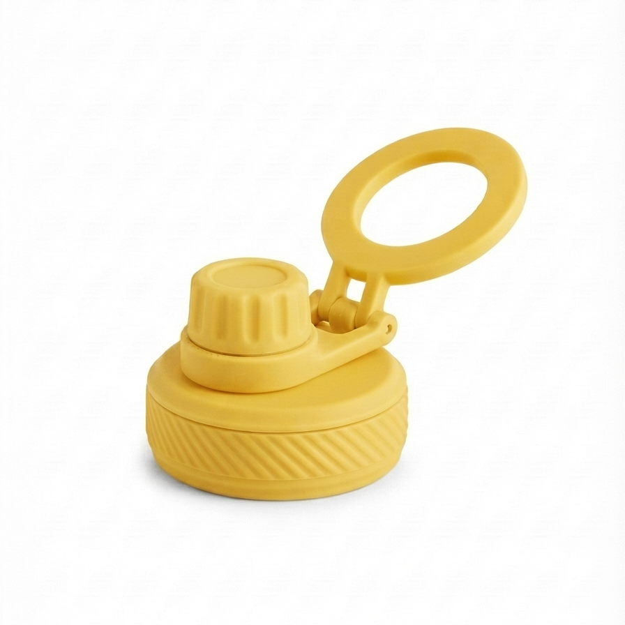 A yellow silicone water bottle cap with an integrated carrying loop, shown on a clean white background.
