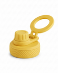 A yellow silicone water bottle cap with an integrated carrying loop, shown on a clean white background.