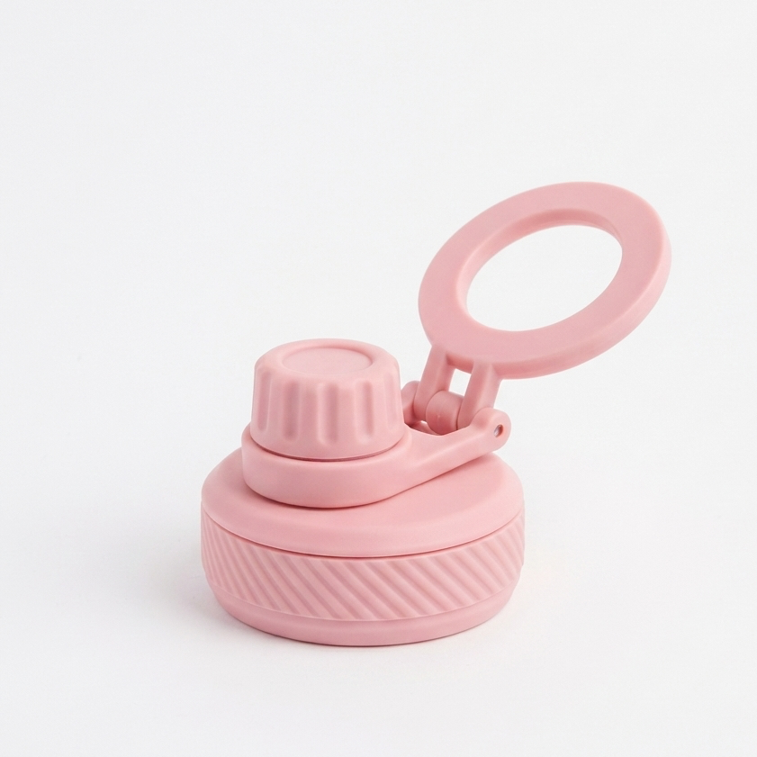 A light pink silicone water bottle cap with a flip-up loop lid, shown on a clean white background.