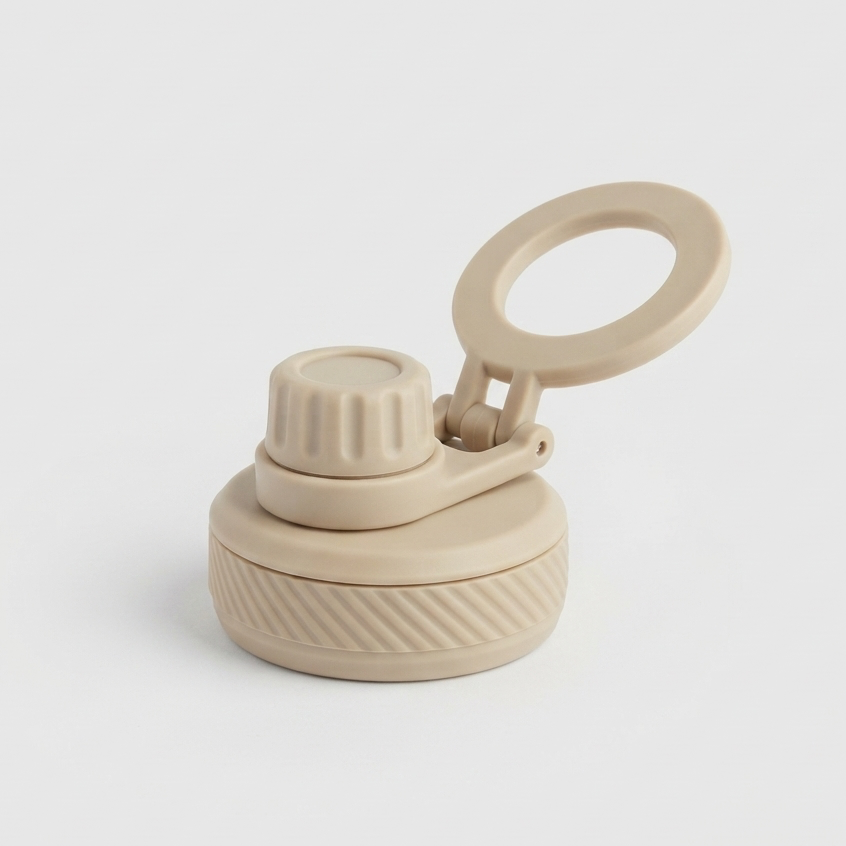A beige reusable water bottle lid with a flip-up loop handle and textured screw cap, shown on a clean light gray background.