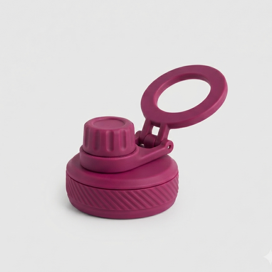 A magenta reusable water bottle lid with a flip-up carrying loop, shown on a light gray background.