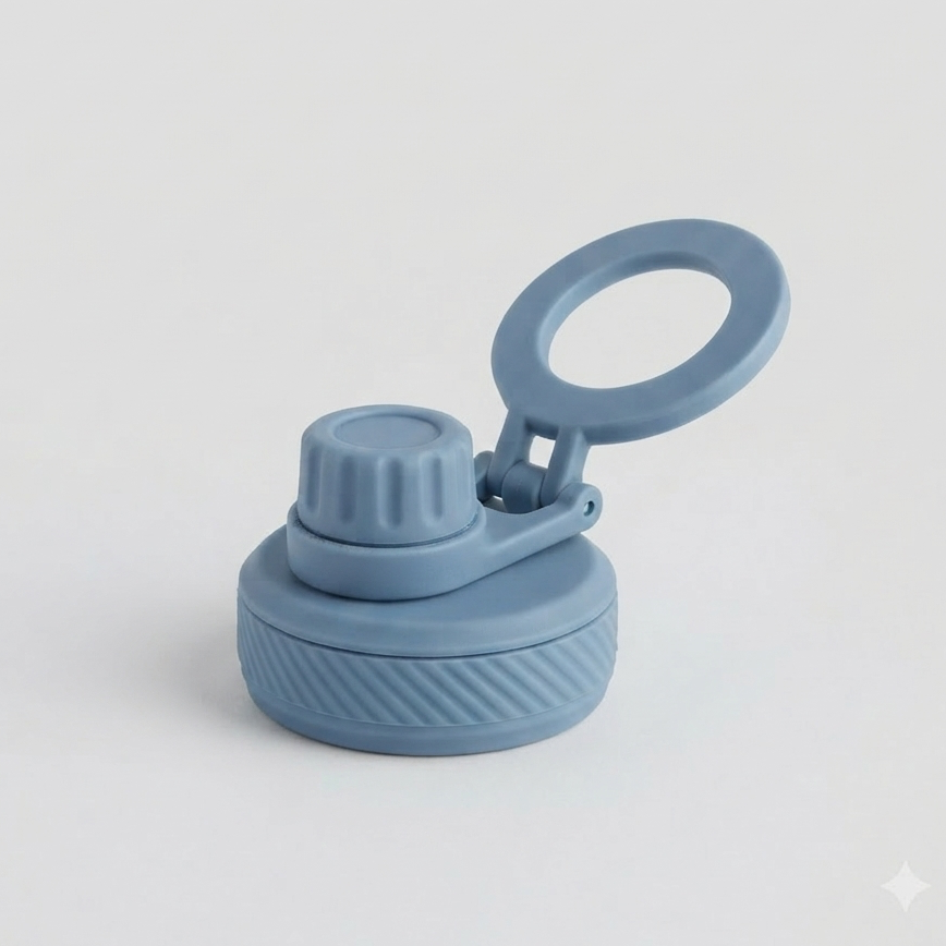 A dusty blue reusable bottle cap with a flip-up loop lid, shown on a light gray background.